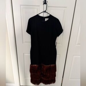 Black Midi Dress with Copper Fringe Trim